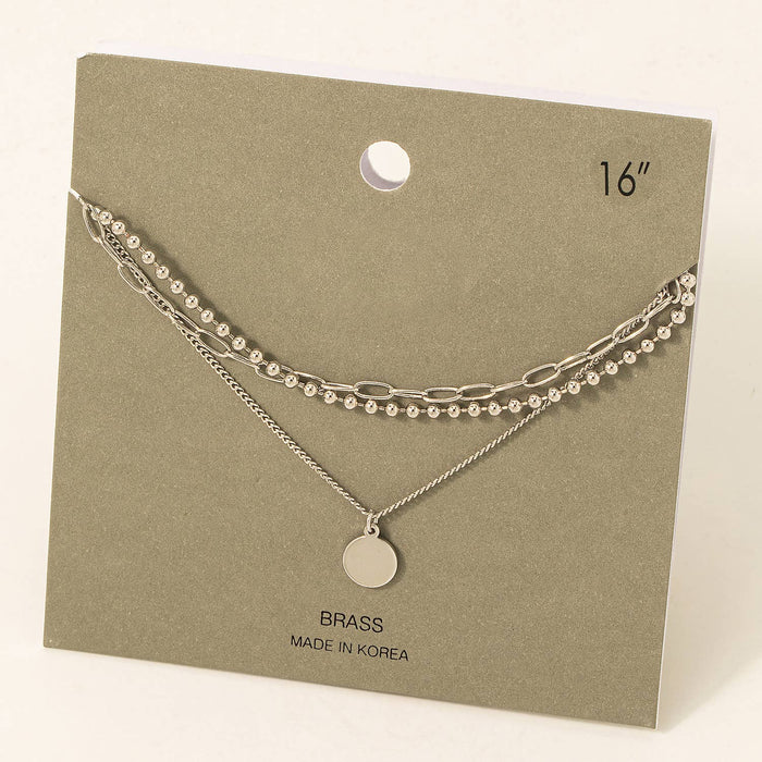 DISC CHARM LAYERED CHAIN NECKLACE-SILVER