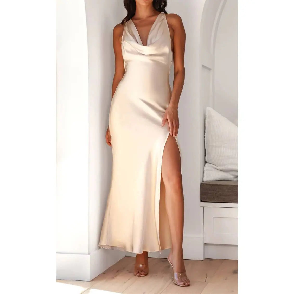 Stylish Cowl Neck Flower Embroidered Maxi Dress in Champagne UNCOMMON REIGN Stylish Cowl Neck Flower Embroidered Maxi Dress in Champagne UNCOMMON REIGN
