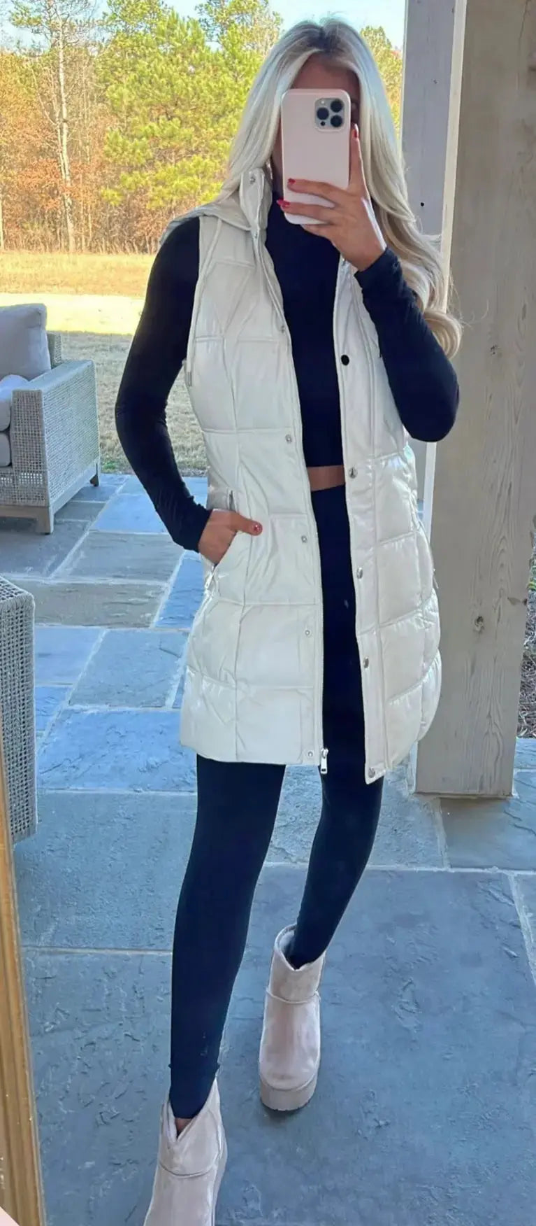 MADDI FAUX LEATHER LONG PUFFER VEST-IVORY - Stylish & Warm