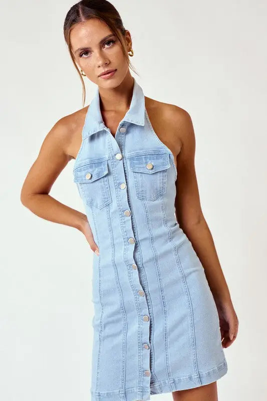 sachin and babi light blue dress Halter Neck Button-Down Denim Dress – LouisCharisse
