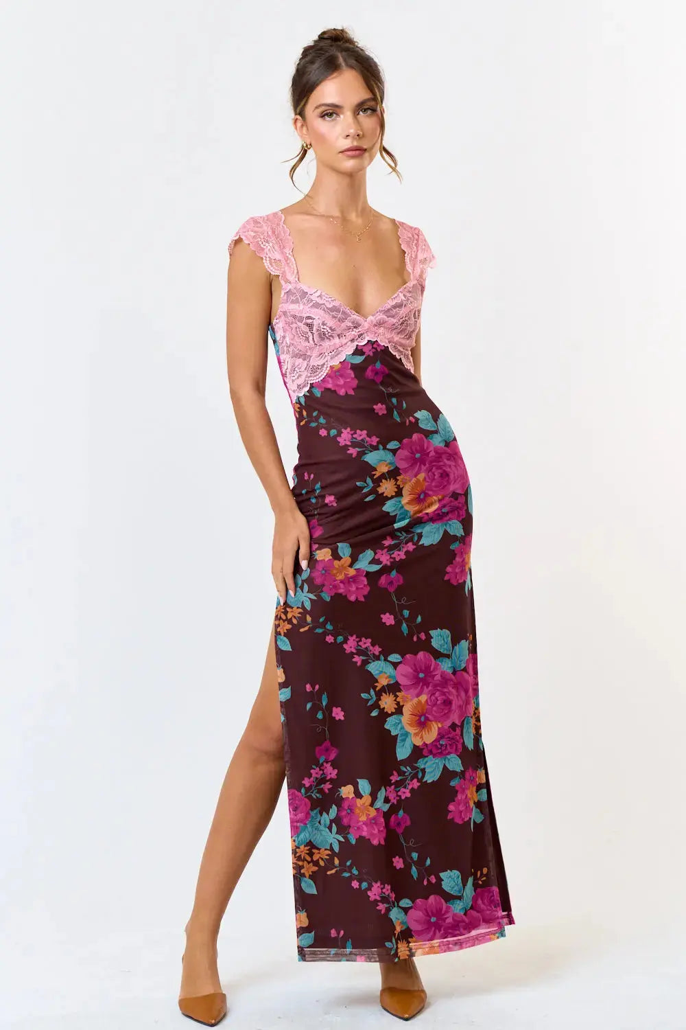 Mesh Floral Dress Brown / M Mesh Floral Dress Brown / M