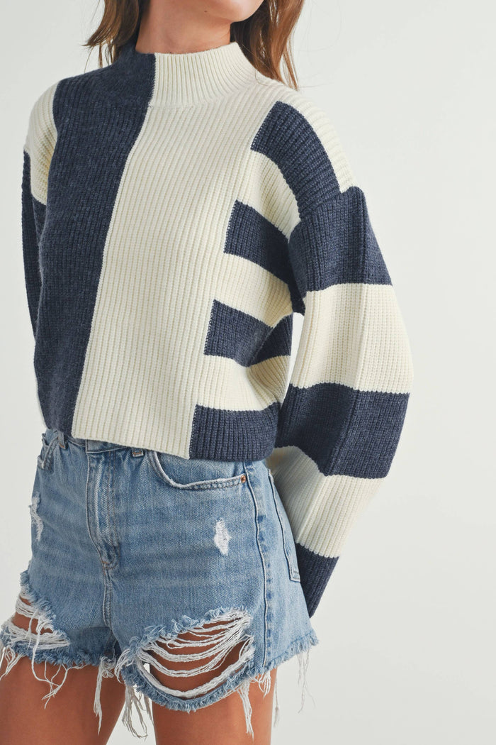 ALL YOURS COLOR BLOCK MOCK SWEATER-NAVY/IVORY - UNCOMMON REIGN