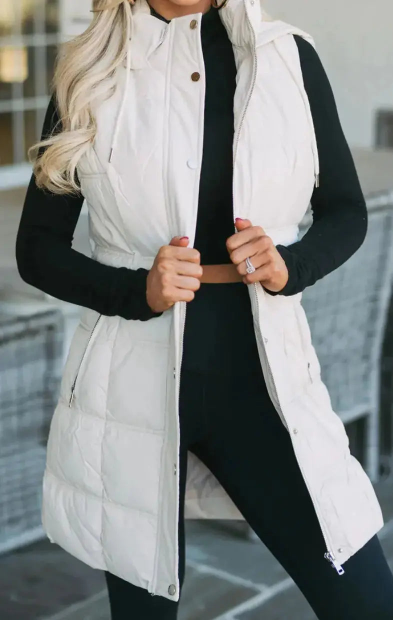 MADDI FAUX LEATHER LONG PUFFER VEST-IVORY - Stylish & Warm