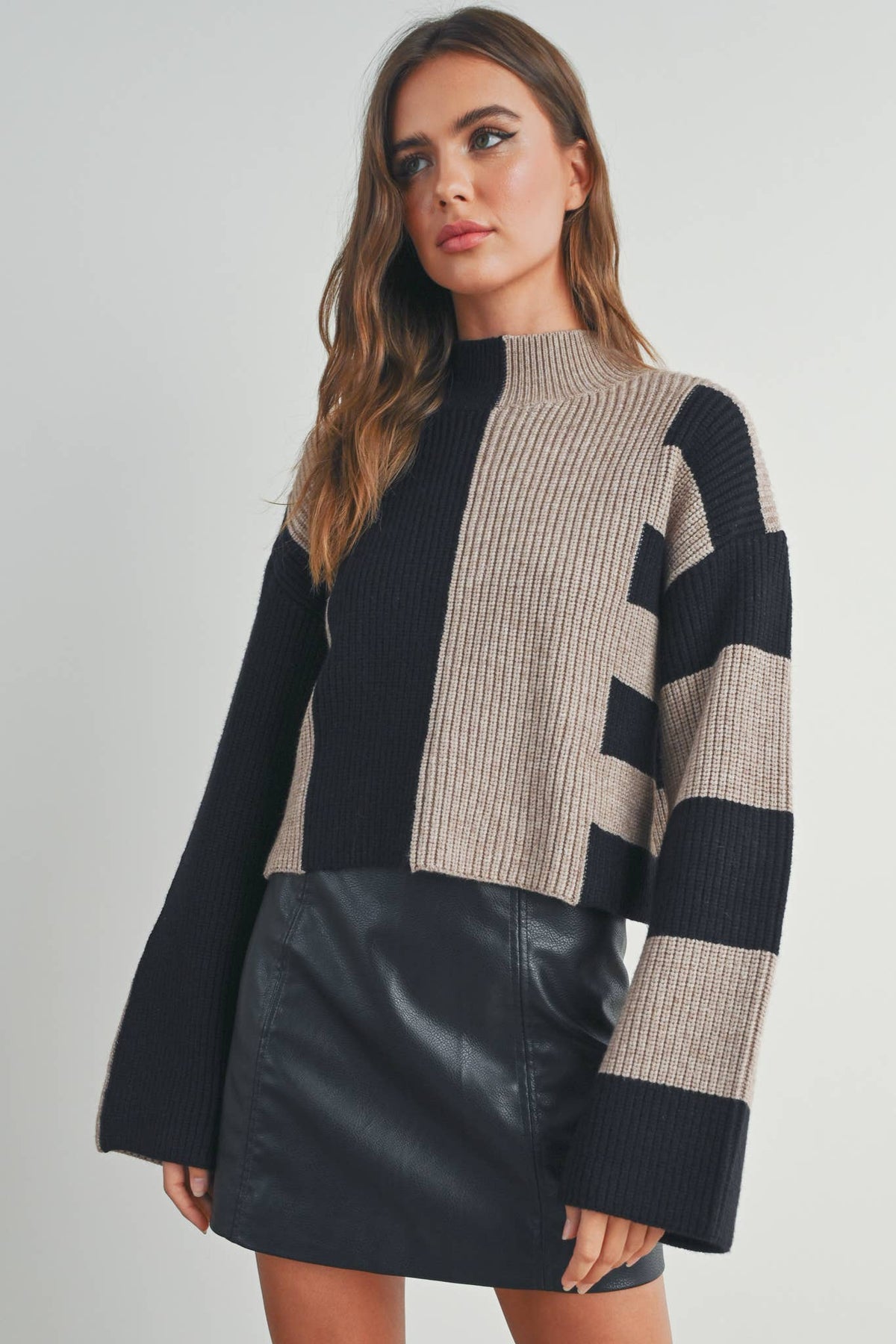 ALL YOURS COLOR BLOCK MOCK SWEATER-BLACK/OAT - UNCOMMON REIGN