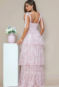 BLISSFULLY BLUSH FLORAL TIE-STRAP BUSTIER MAXI DRESS