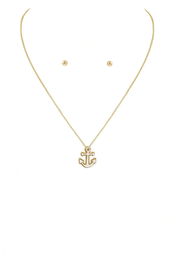 ANCHOR NECKLACE WITH STUD EARRINGS SET-WHITE Uncommon Reign