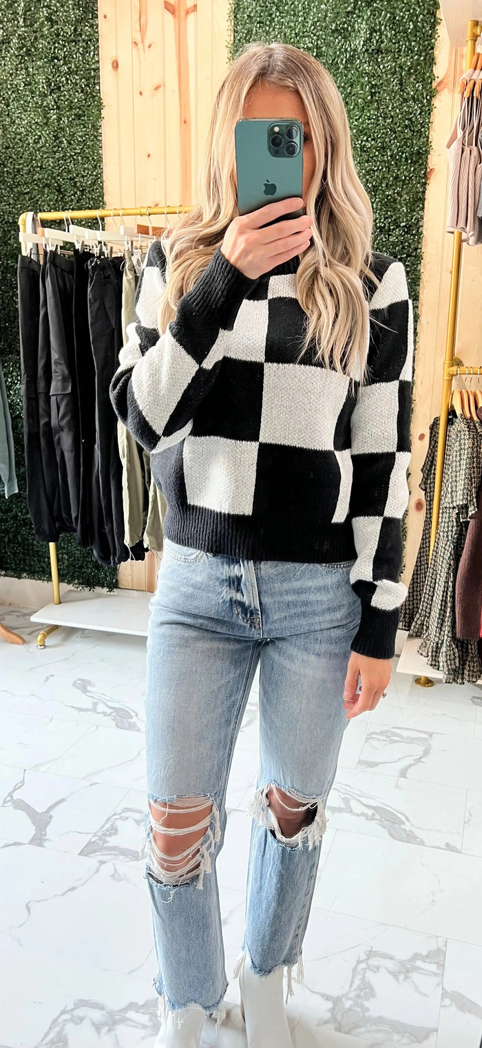 BLACK AND WHITE CHECKERED KNIT CROPPED LONG SLEEVE SWEATER Uncommon Reign
