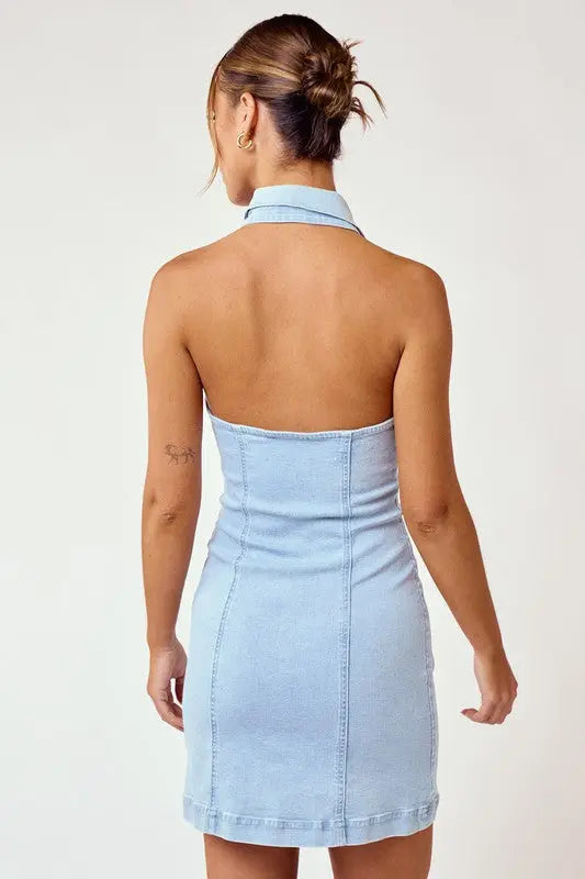 DENIM HALTER MINI DRESS - UNCOMMON REIGN DENIM HALTER MINI DRESS - UNCOMMON REIGN