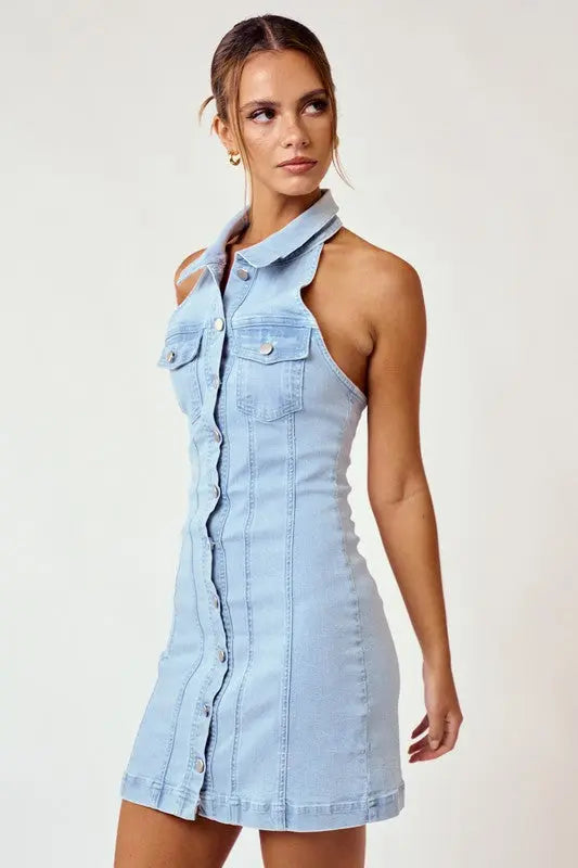 DENIM HALTER MINI DRESS - UNCOMMON REIGN DENIM HALTER MINI DRESS - UNCOMMON REIGN