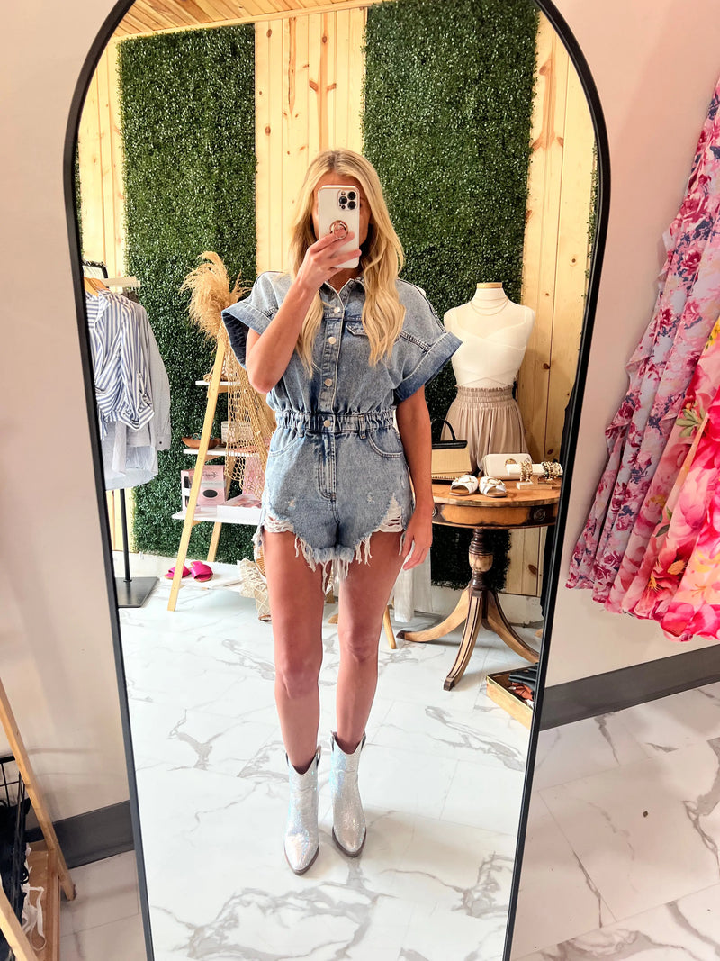 Denim distressed romper sales