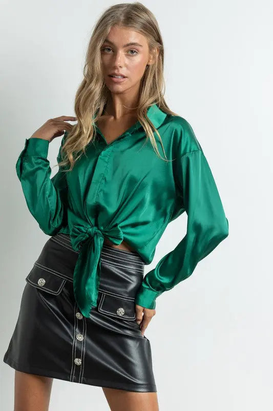 FOREST GREEN SATIN LONG SLEEVE BLOUSE