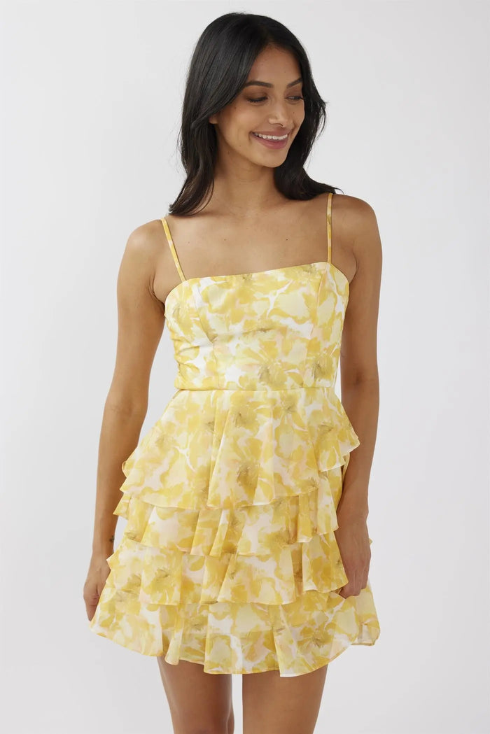 FLORAL TIERED MINI DRESS-YELLOW Uncommon Reign