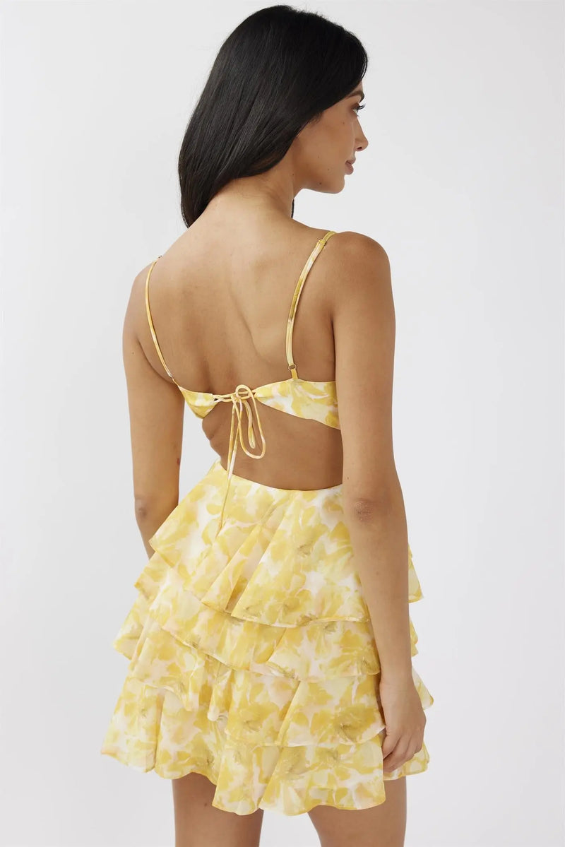 FLORAL TIERED MINI DRESS-YELLOW Uncommon Reign