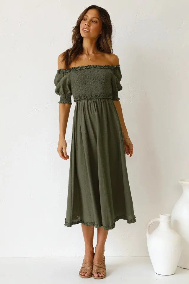 OFF THE SHOULDERS RUFFLE MIDI DRESS-OLIVE Uncommon Reign