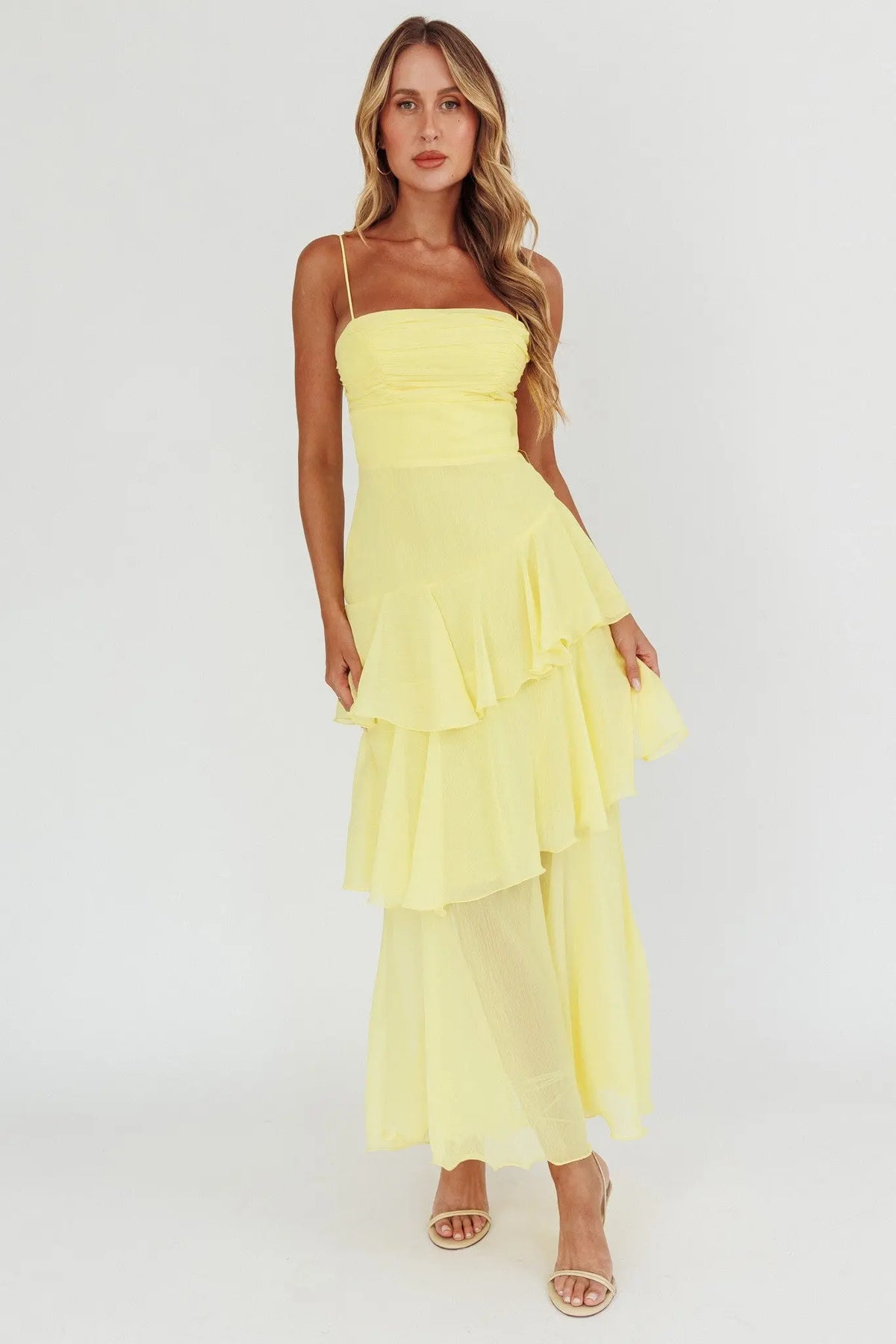 PRE ORDER RUCHED TIERED MAXI DRESS-LEMON - UNCOMMON REIGN