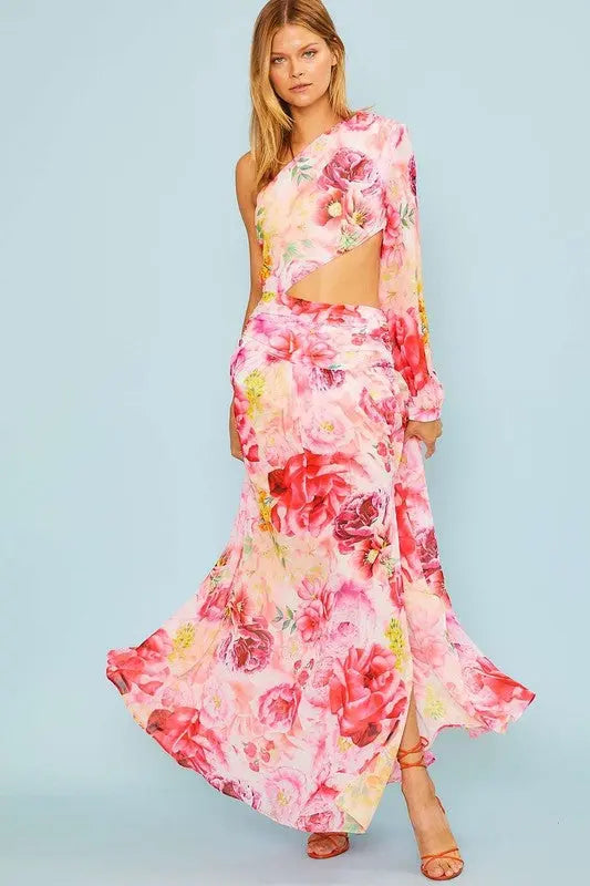 UNCOMMON REIGN SWEET MORNING DEW ONE SHOULDER FLORAL MAXI DRESS