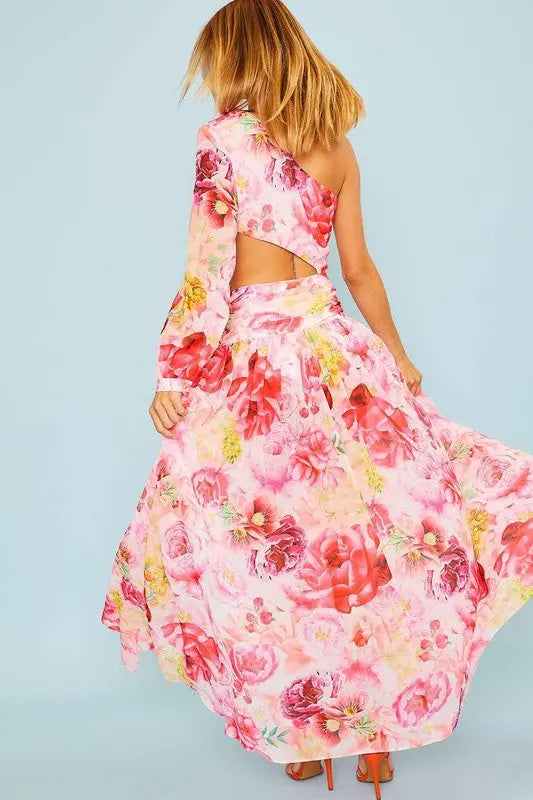 UNCOMMON REIGN SWEET MORNING DEW ONE SHOULDER FLORAL MAXI DRESS