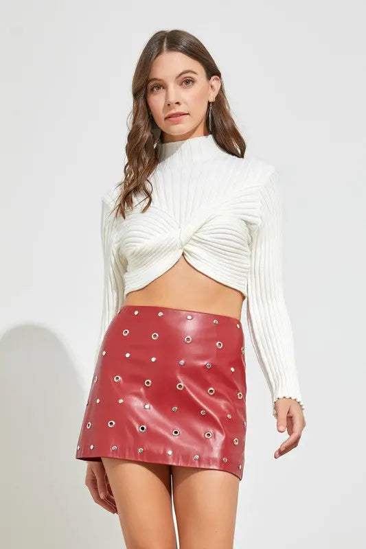 TWISTED FRONT MOCK NECK RIBBED KNIT CROPPED SWEATER-OFF WHITE Uncommon Reign