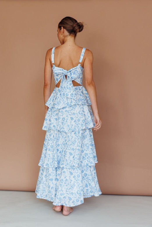 FLORAL TIERED MAXI DRESS-BLUE