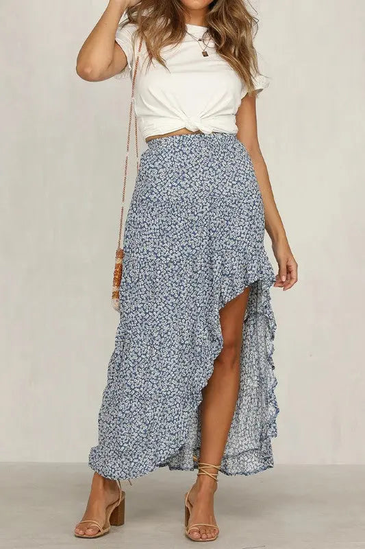 BLOSSOM HIGH LOW FLORAL MAXI SKIRT - BLUE Uncommon Reign
