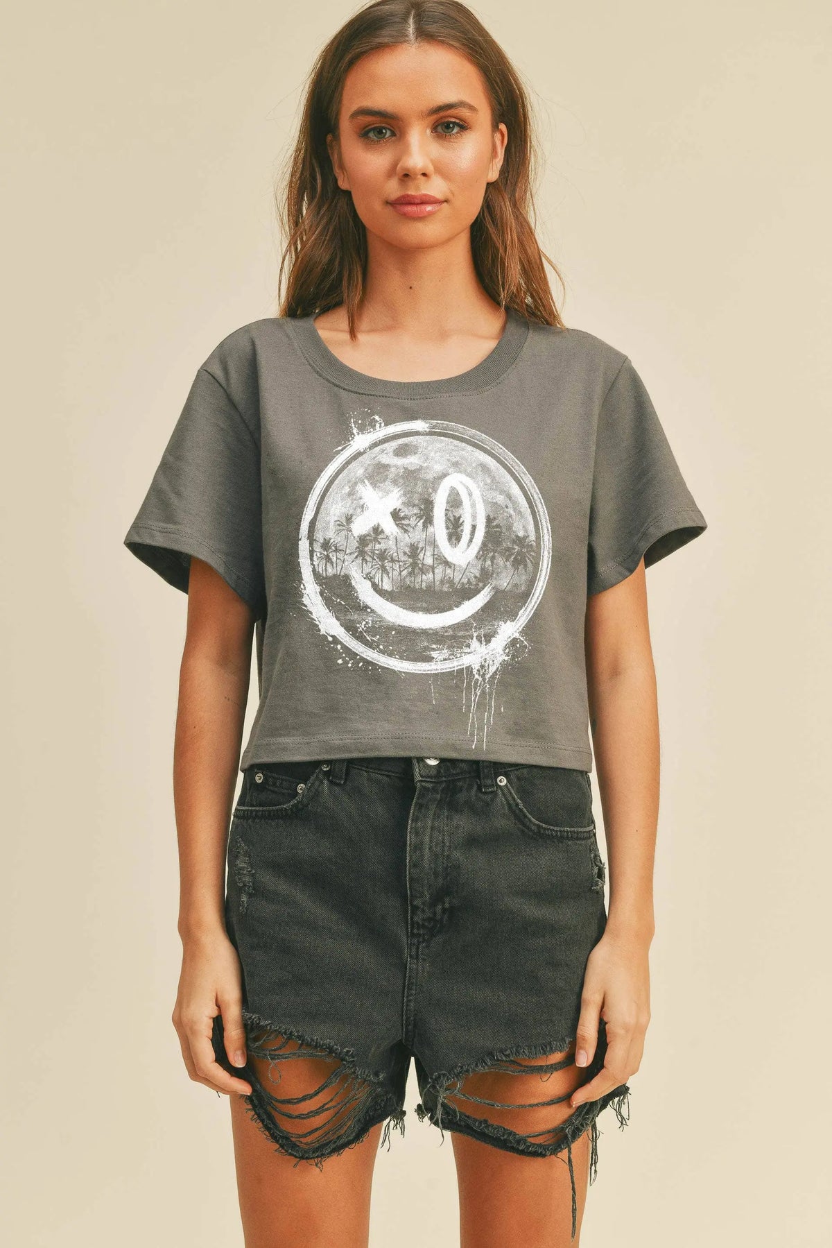 California Happy Face Graphic Cropped Top Tee