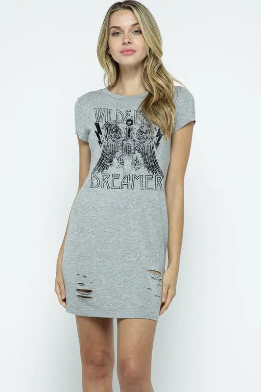 DREAMER DISTRESSED GRAPHIC CUT T-SHIRT DRESS Uncommon Reign