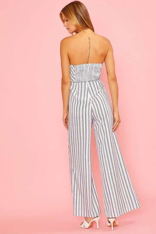 UNCOMMON REIGN - EMILIA FRONT CROSS TIE STRIPE JUMPSUIT