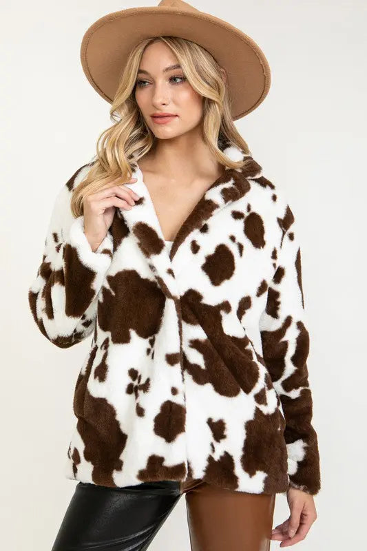 INTO THE MEADOWS COW PRINT FAUX FUR JACKET-BROWN Uncommon Reign
