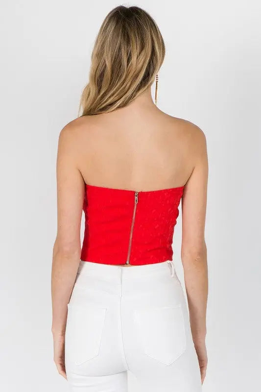 RED STRAPLESS FRONT RUFFLE TOP Uncommon Reign