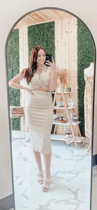 SEASIDE RIB CUT OUT MIDI DRESS - TAUPE Uncommon Reign