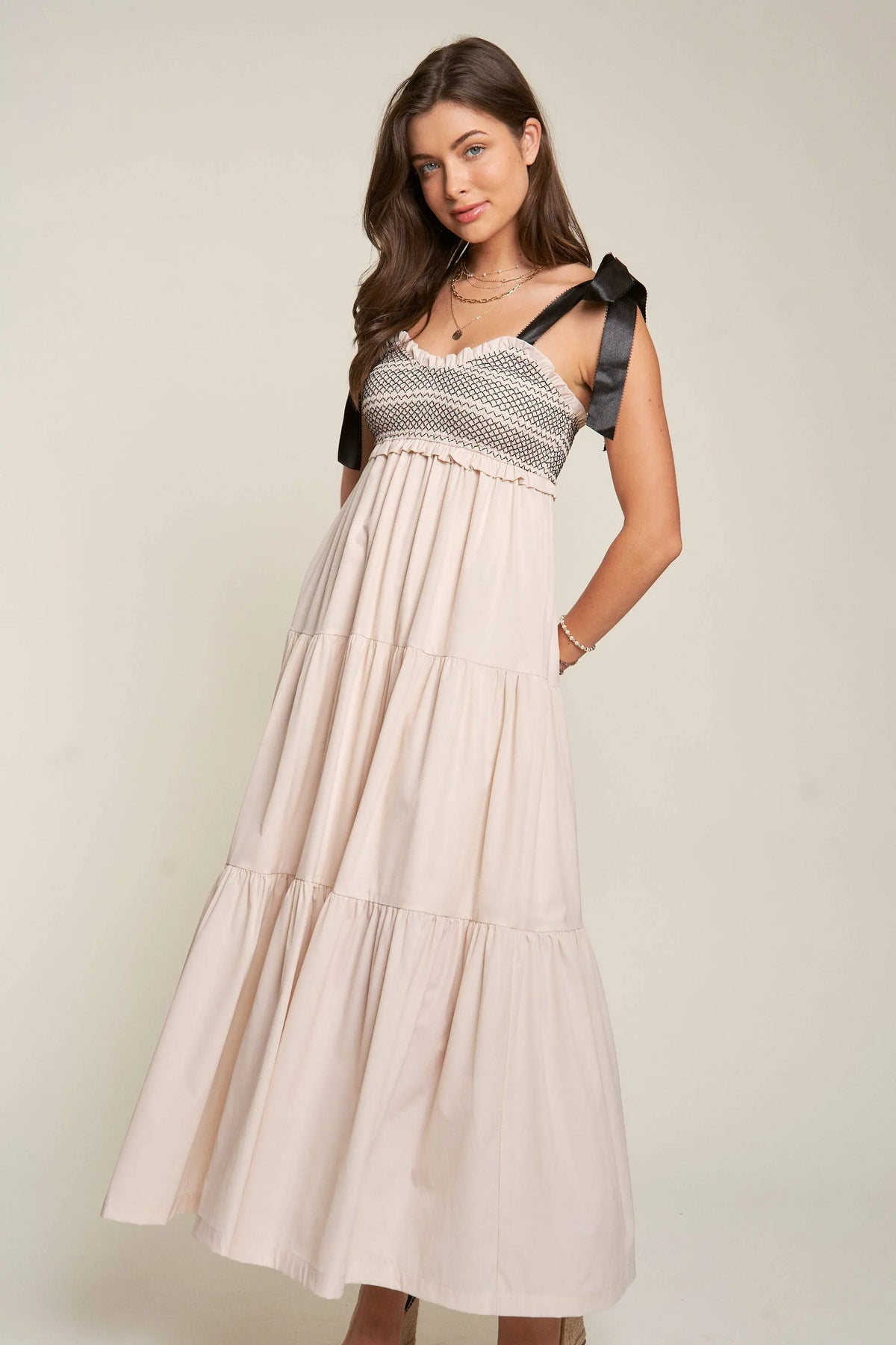 SMOCKED BOW TIE STRAPS MAXI DRESS - UNCOMMON REIGN SMOCKED BOW TIE STRAPS MAXI DRESS - UNCOMMON REIGN