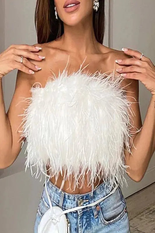 WHITE FAUX FEATHER TOP Uncommon Reign